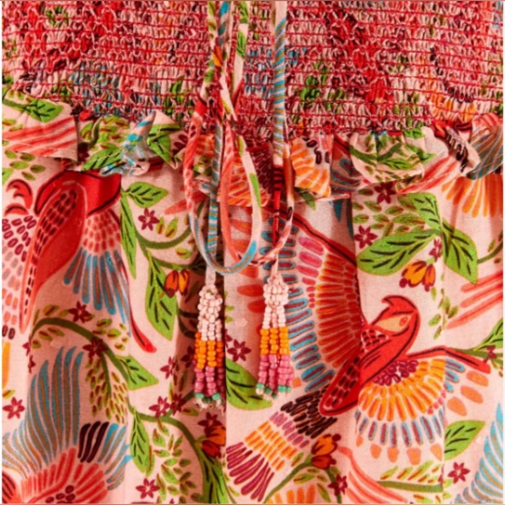 Farm Río Anthropologie Maxi Dress Macaw Flight Smocked Top Pink Midium - Picture 5 of 16